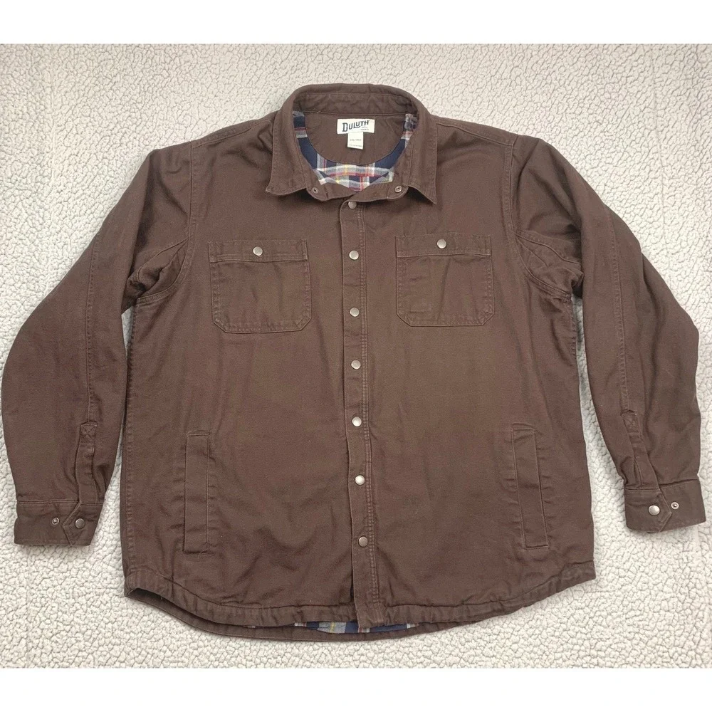 Duluth Trading Co Shirt Jacket Mens 2XL Tall Brown Cotton Canvas Plaid‎ Lined